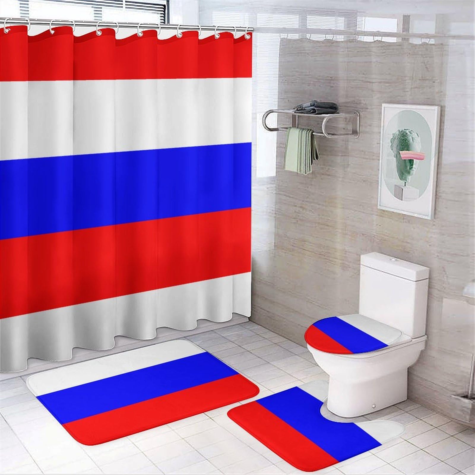 JZemdybill Bathroom Mat Set 4 Piece, Russian Flag Shower Curtain with Non-Slip Bath Mats for Bathroom