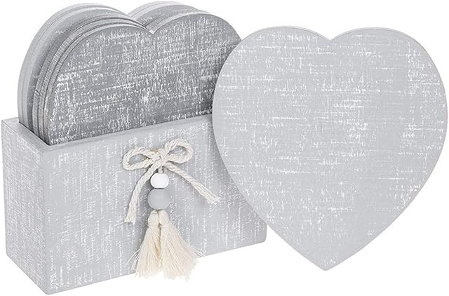 Provence Collection Cool Grey Shabby Chic Heart Shaped Coasters - Set of 6 in Coaster Holder