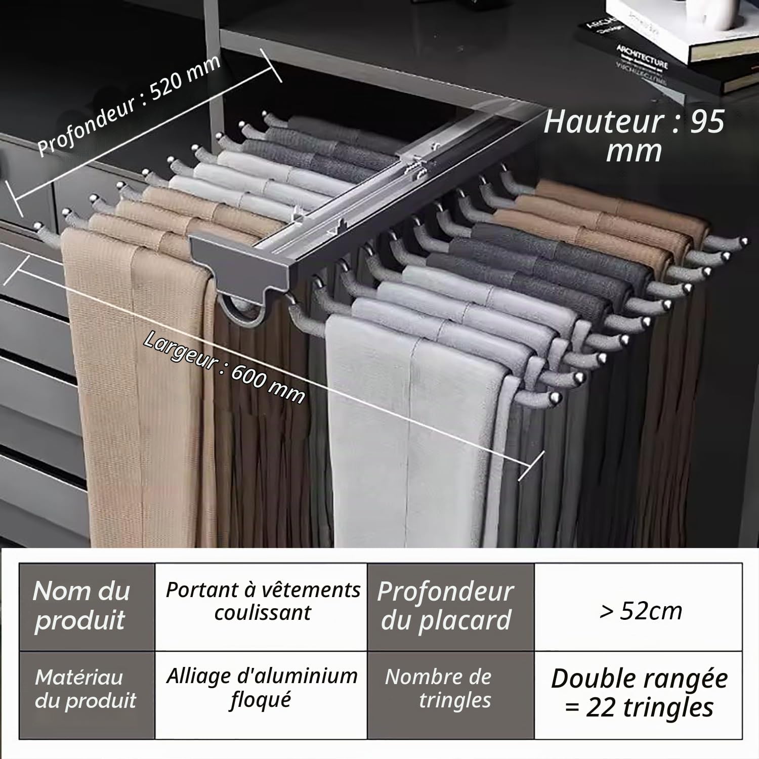 Porte Pantalon Coulissant, Multifonction Cintres de Pantalon, Organiseur de Placard de Pantalons avec Amortisseur avec Flocage, 22 Pantalons pour Armoire