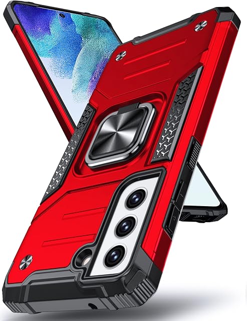 DASFOND Galaxy S21 FE 5G Case, Military Grade Shockproof Protective Phone Case Cover with Enhanced Metal Ring Kickstand [Support Magnet Mount] Compatible with Samsung Galaxy S21 FE, Red