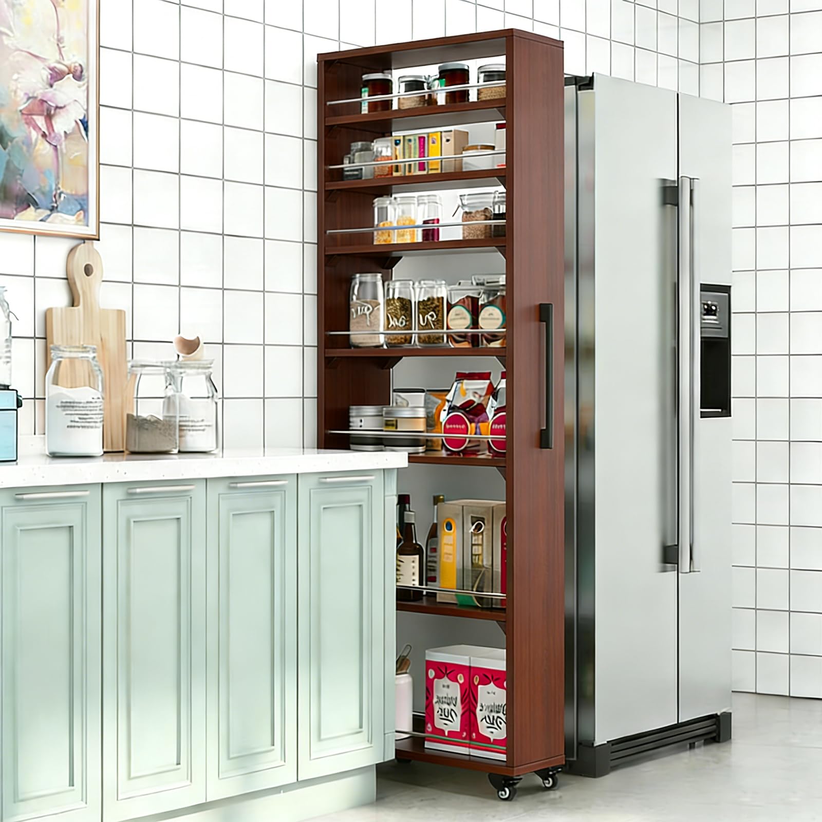 Scaffale a 7 ripiani, sottile in legno da cucina con ruote, altezza 182,9 cm, scaffale stretto per frigorifero e salvaspazio, finitura in teak, 20 x 45 cm (larghezza x profondità)