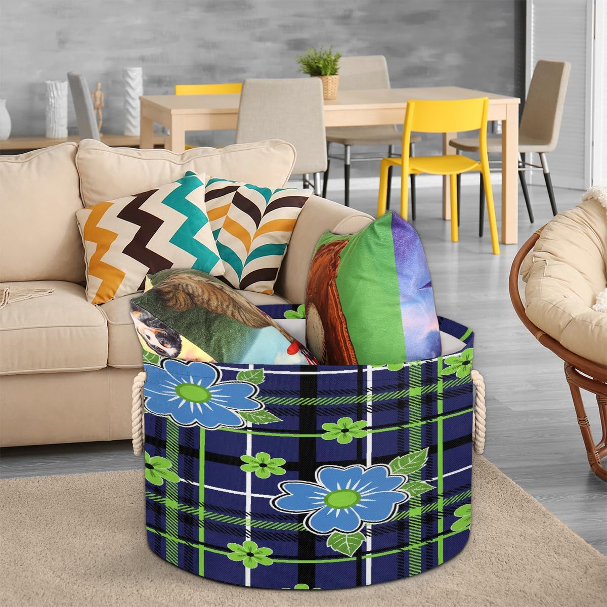 Large Storage Baskets - Plaid Blue Flowers Nursery Round Collapsible Organizer Bin Box, Laundry Hamper for Kids Toys, Blanket, Bedroom Living Room Home Decor, Gift Basket, 19.4"x13.3"