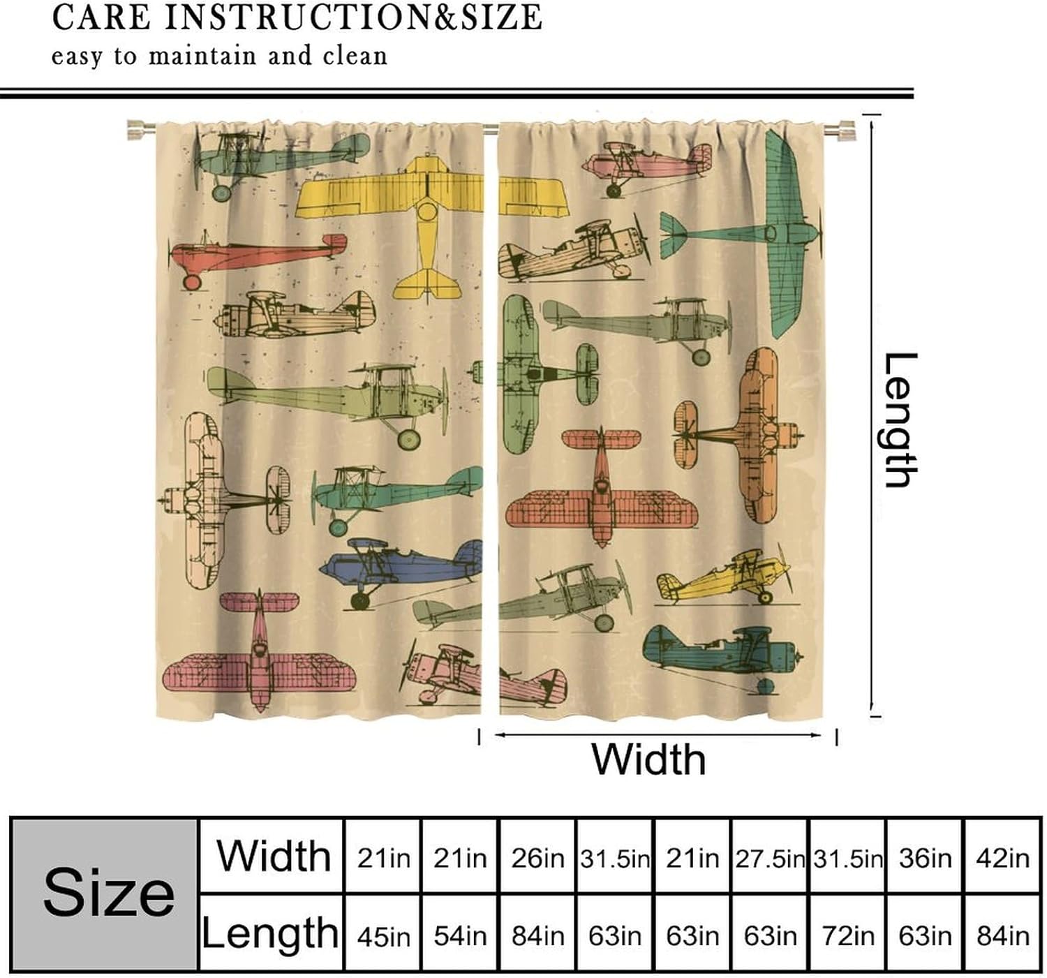 Cartoon Airplane Curtains for Boys Teens Colorful Aircraft Silhouettes Art Printed Blackout Window Drapes for Kids Bedroom Living Room Kitchen Cafe Decor （W27.5xL63 Inch） x2 Panels