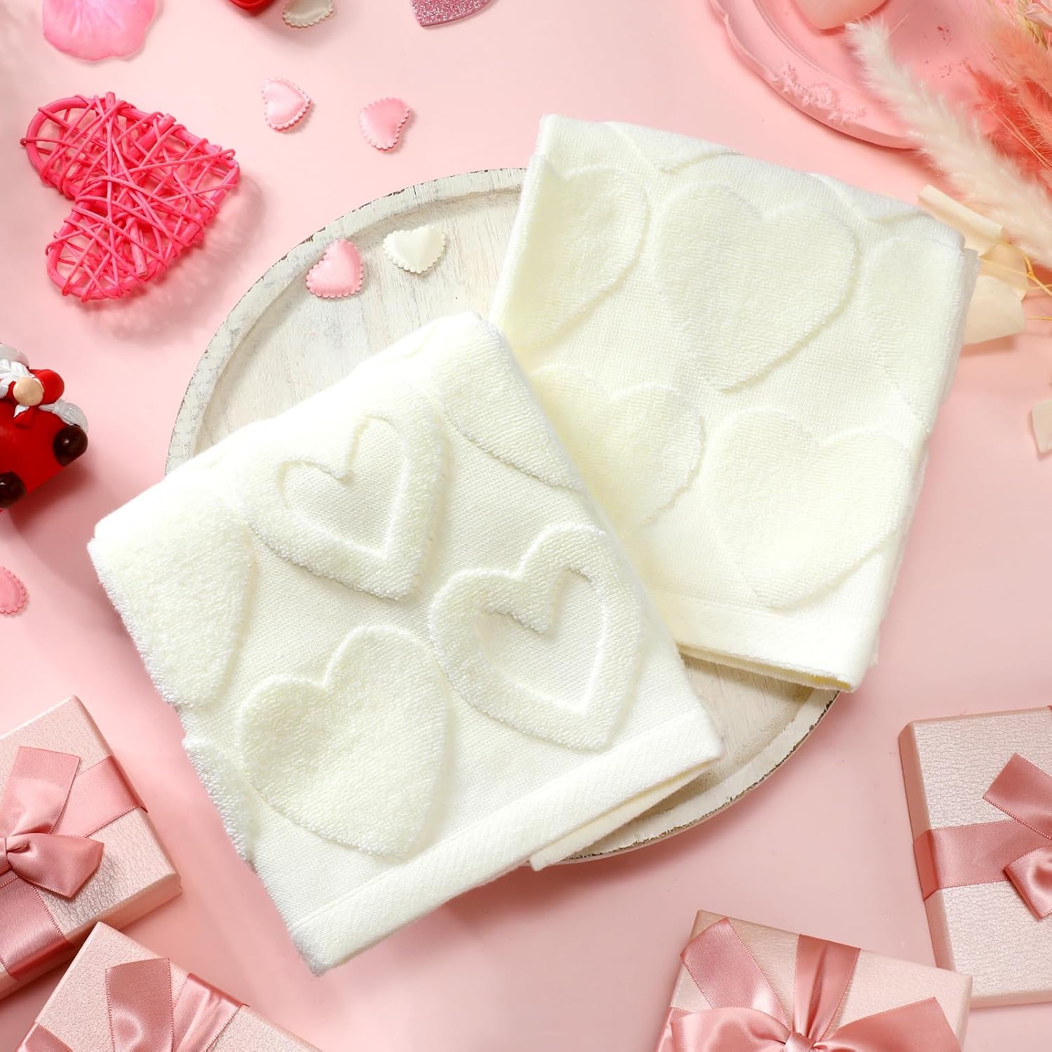 Hahafelt 2 Pack Valentine's Day Hand Towels 100% Cotton Heart Jacquard Bathroom Decorative Towels Set Valentines Bathroom Decor Gift for Drying, Cleaning, Cooking, 14''x 30''(Beige,Heart-3)