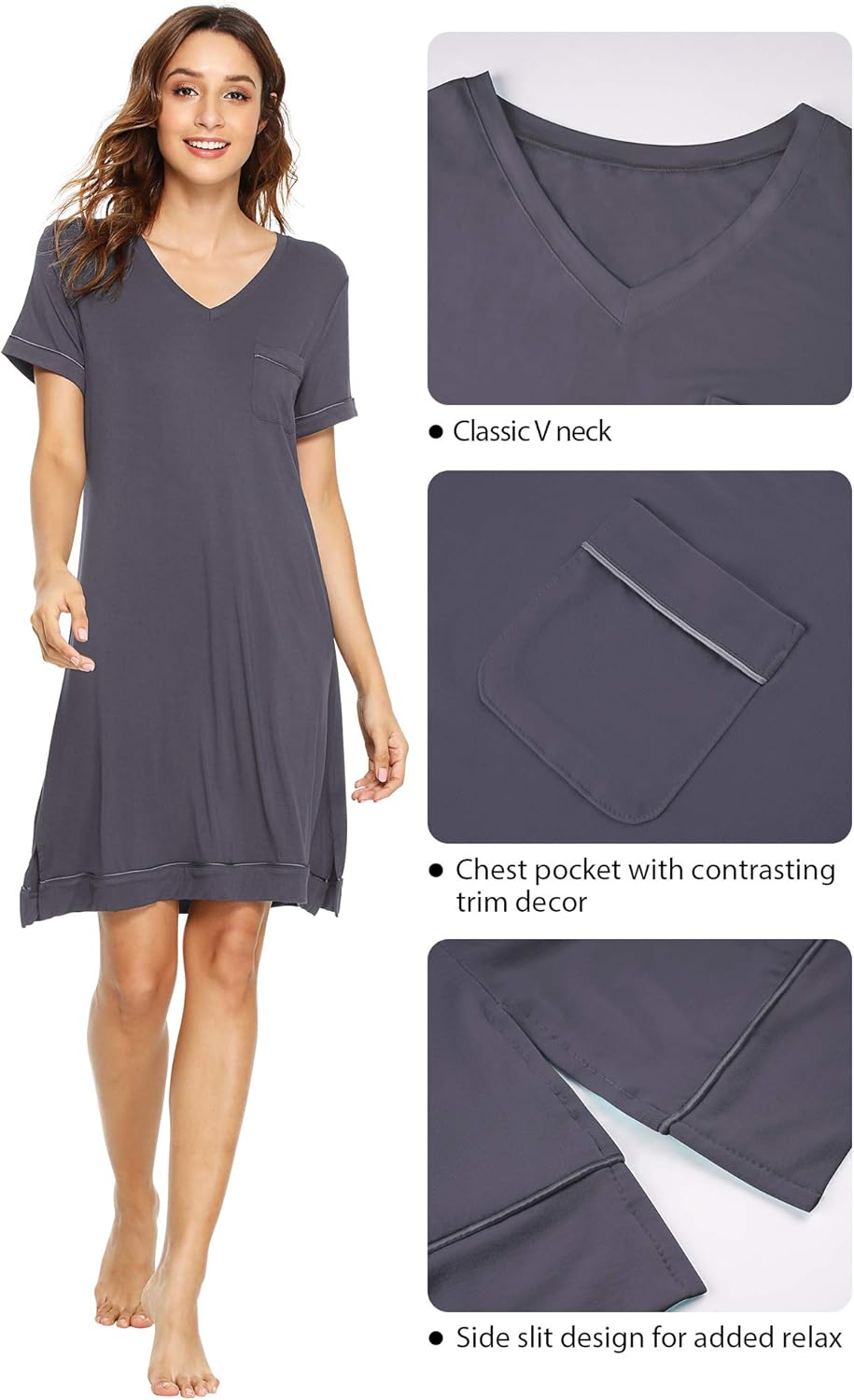 WiWi Viscose from Bamboo Nightgowns for Women Short Sleeve Sleep Shirt V Neck Nightgown Plus Size Sleepwear S-4X, - Image 4