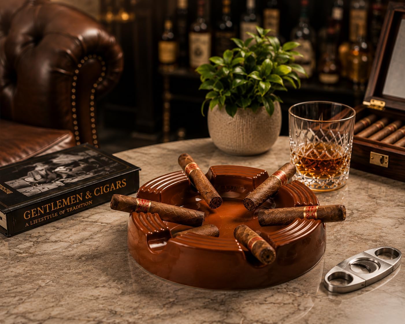 House of Ash Ceramic Cigar Ashtray for 6 Cigars, Large Heavy-Duty Brown Ash Tray with 6 Cigar Rests, Round Vintage Cigar Accessory for Home Bar, Patio, Office, Lounge & Man Cave