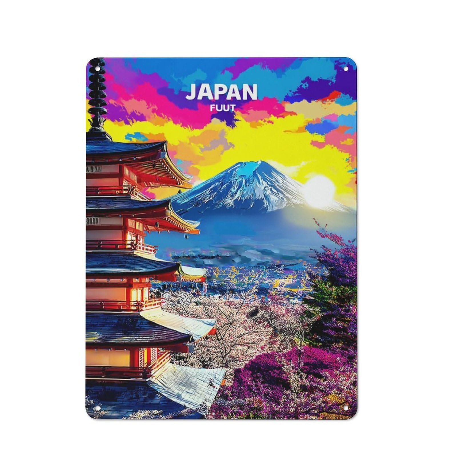 Junmoney Colorful Japan Pagoda, Cherry Blossoms, Fuji Tin Wall Plaque 40X30cm With For Studio Or Craft Room, Suited To Craft Room Decorators