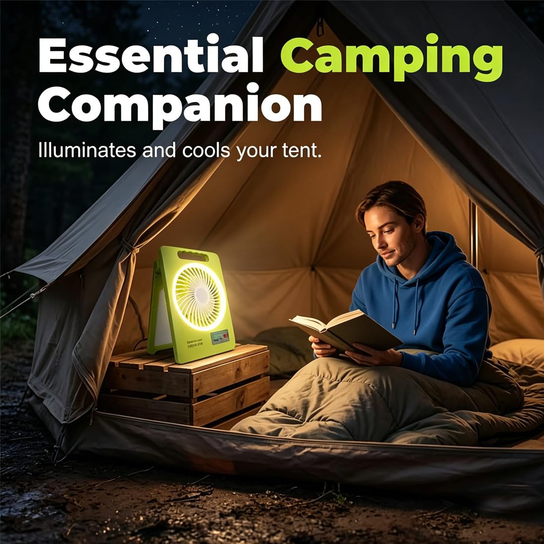 2-in-1 Solar-Campingventilator mit LED-Licht, 2400-mAh-Akku, Faltbare Zeltlampe mit USB-C- und Solarladung, Powerbank für Stromausfall und Outdoor (2PCS-FAN)
