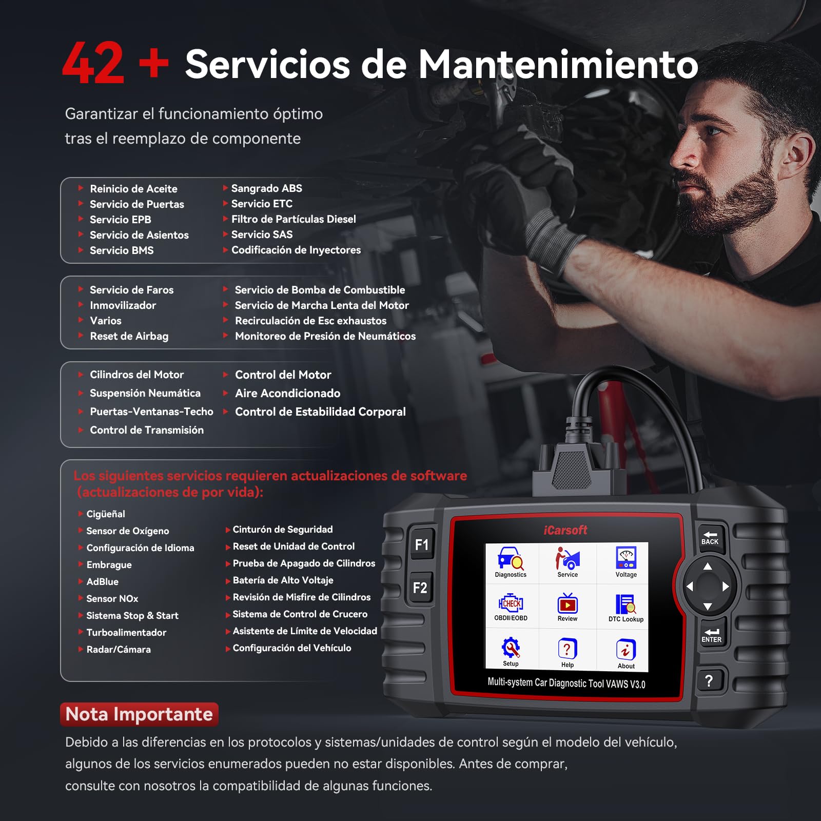 iCarsoft VAWS V3.0 OBD2 Máquina Diagnosis Coche para V.W/AU.DI/Skoda/Seat, Bidireccional Escáner de Todo el Sistema, 42 Funciones Reinicio, Prueba de Batería, Auto Vin, Actualizaciones de por Vida