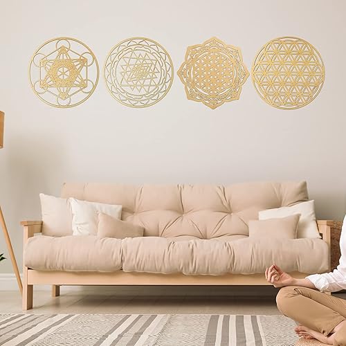 Miniatura 2 de 4 piezas de geometría sagrada de 12 pulgadas, arte de pared, decoración de meditación, tablero de rejilla de cristal de madera, incluye cubo de