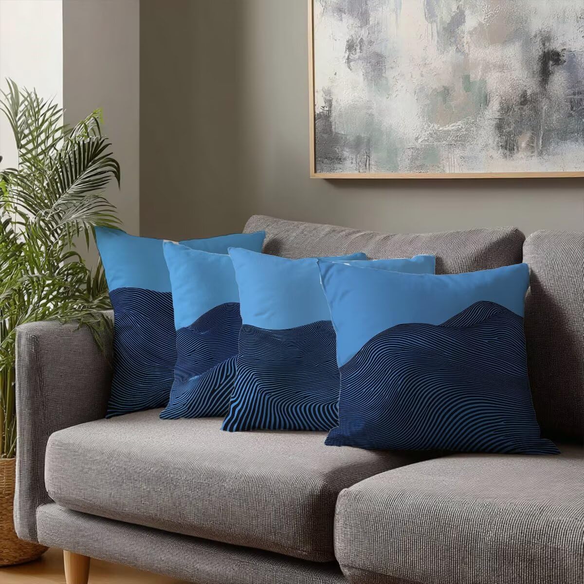 Zestaw 4 poszewek na poduszki 65 x 65 cm, niebieskie, dekoracyjne poszewki na poduszki, abstrakcyjne, dekoracyjne, kwadratowe poszewki na poduszki, z niewidocznym zamkiem błyskawicznym, do