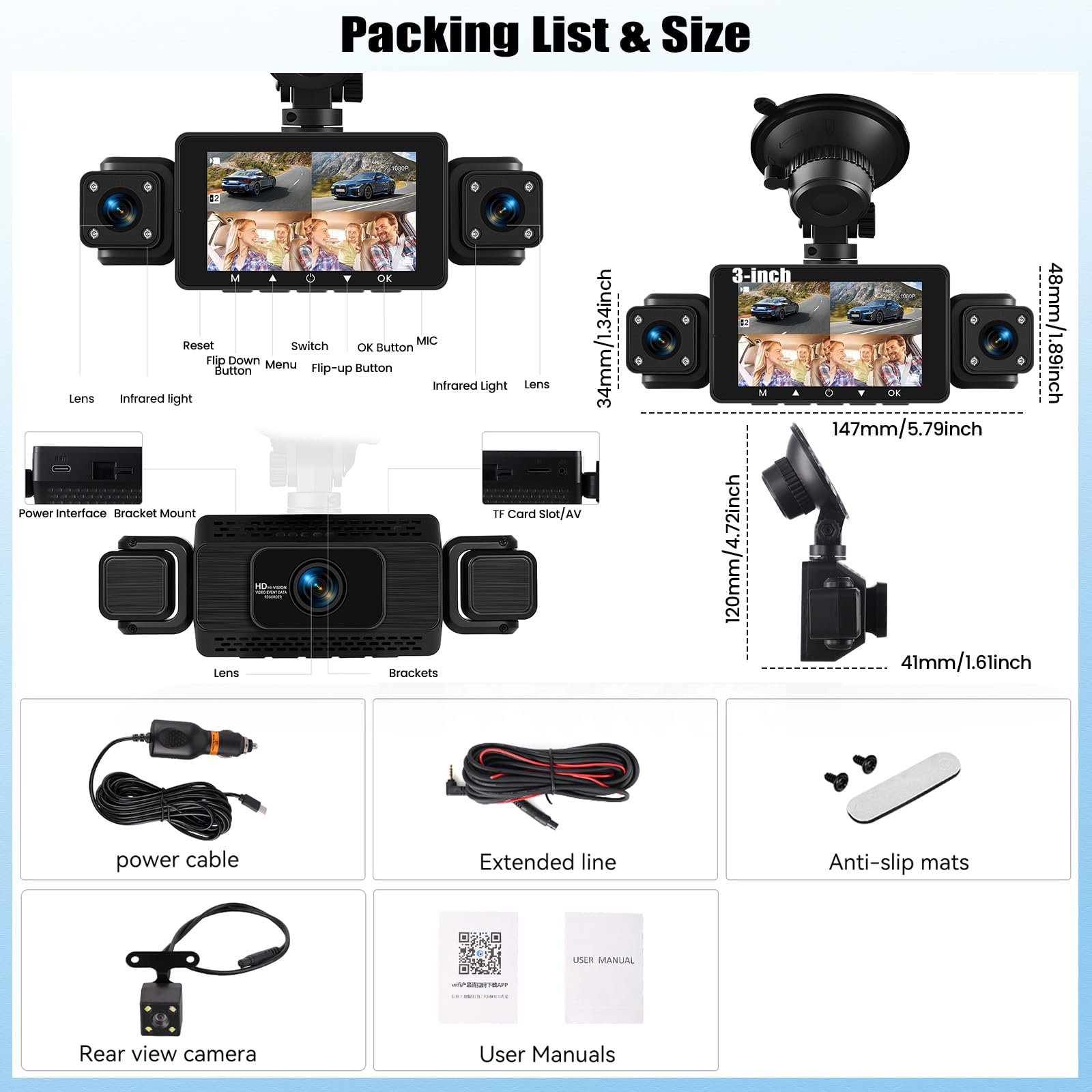 OiLiehu 4 Canales Cámara para Salpicadero 3 Pulgadas para Coches, Resolución 1080P + 480P, Cuatro Lentes con G-Sensor, Visión Nocturna, Grabación en Bucle, Asistencia Aparcamiento, Wi-Fi Aplicación