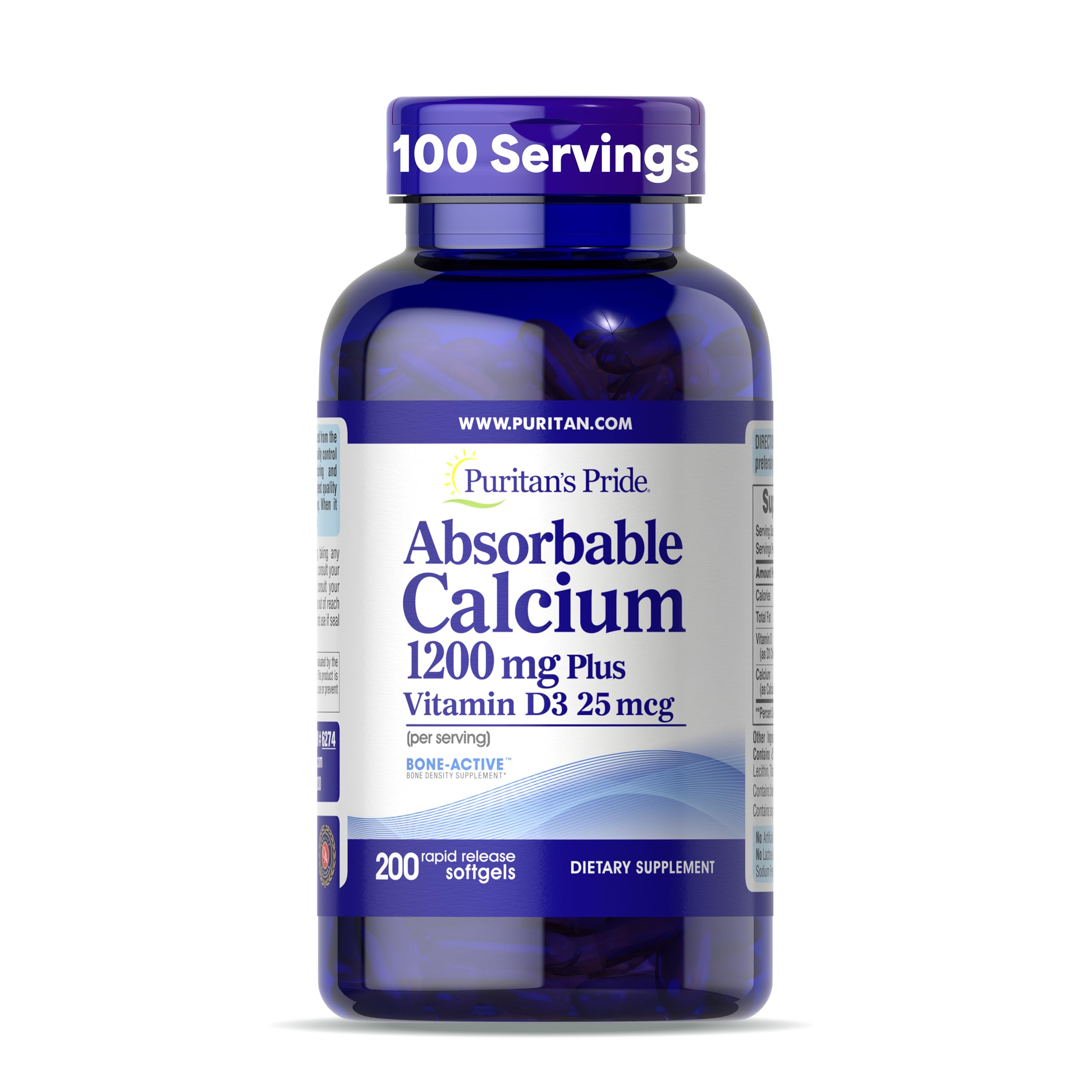 Puritan's Pride Absorbable Calcium with Vitamin D 3 1000iu Softgels, 1200 mg, 200 Count