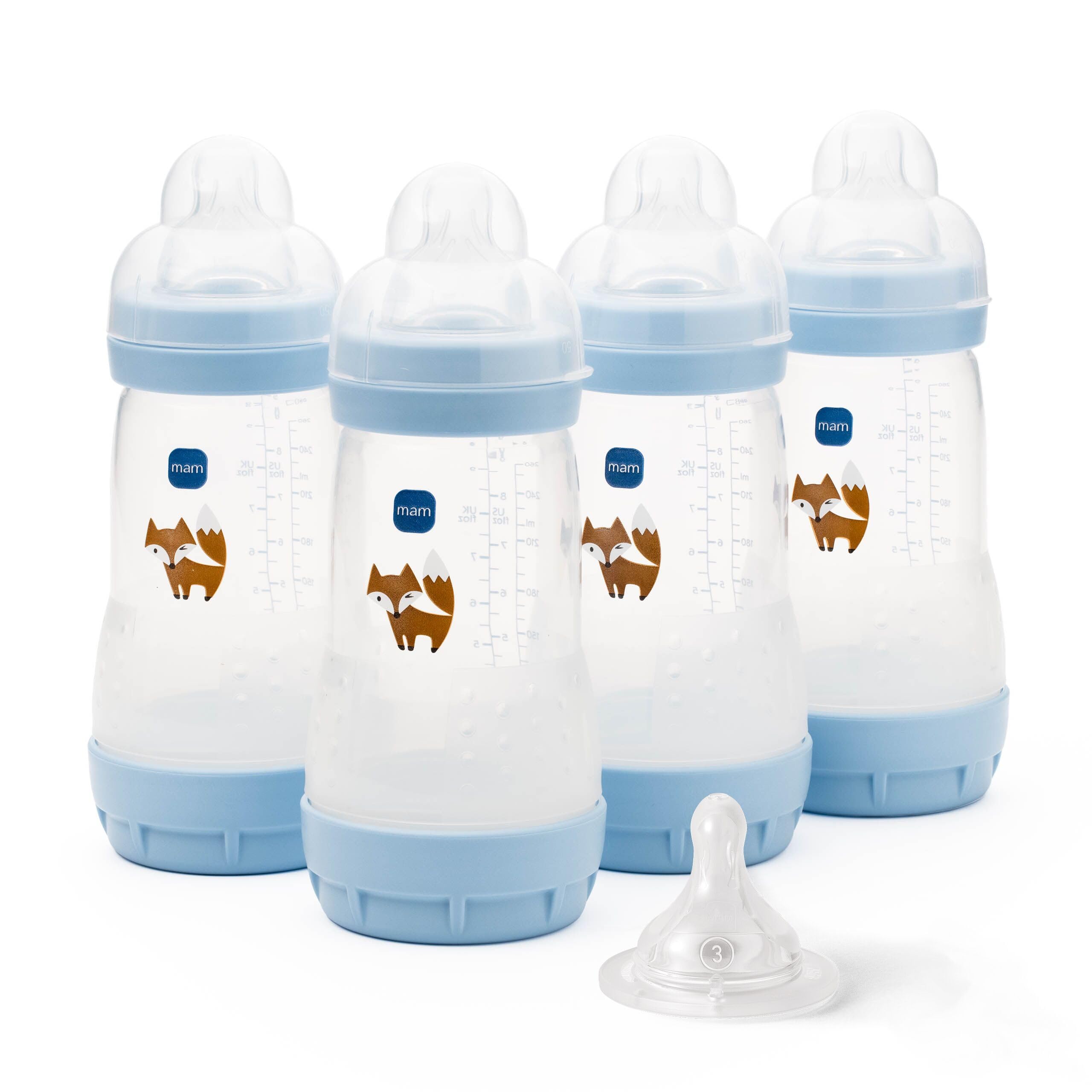 MAM Easy Start Anti-Colic Baby Bottles | 4 Pack (4X 260ml) | Self-Sterilising Baby Milk Bottle | Medium Flow MAM Teats Size 2 + 1x Fast Flow Teat Size 3 | Powder Blue (Various Designs)