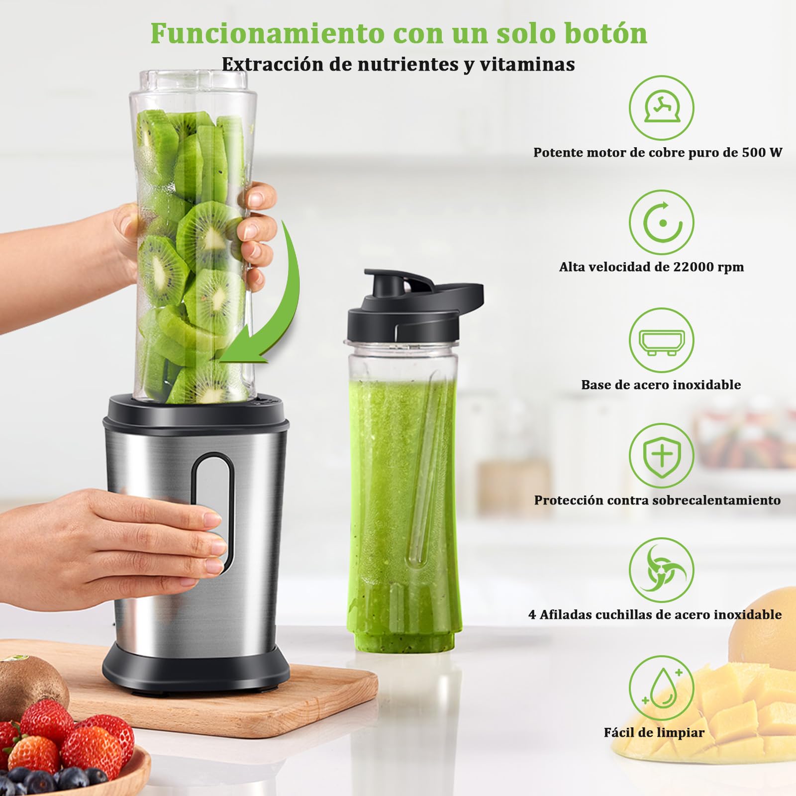 Batidora de Vaso, 500W Mini Portatil Batidora de Vaso Smoothies Individual con 2 Botellas de 600 ml de Plástico Tritan, Licuadora para Zumos, Batidos, Verduras, Frutas