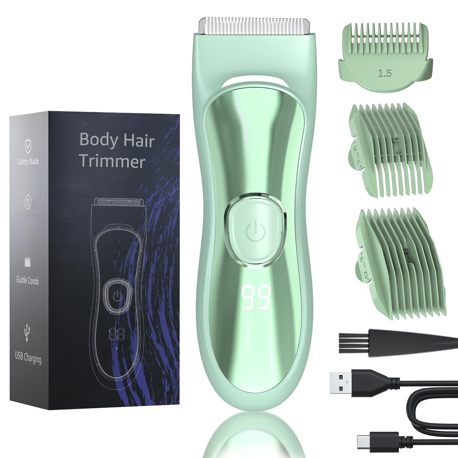 Body Hair Trimmer with Ceramic Blade, Multipurpose Hair Trimmer with 3 Guide Combs for Boby Hair/Hair/Beard, Wet & Dry, Travel Lock, for Family Woman & Man, Green
