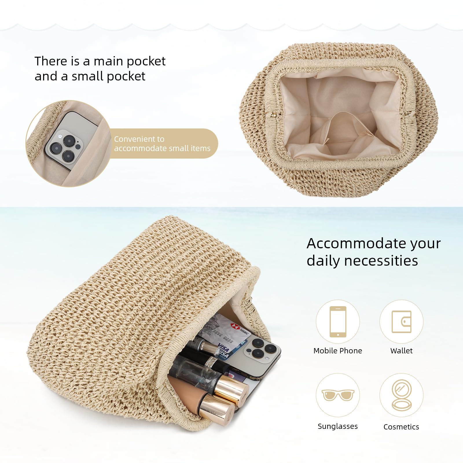 Borsa della frizione della paglia per le donne, Cloud Dumpling Pouch Borsa della spiaggia di estate