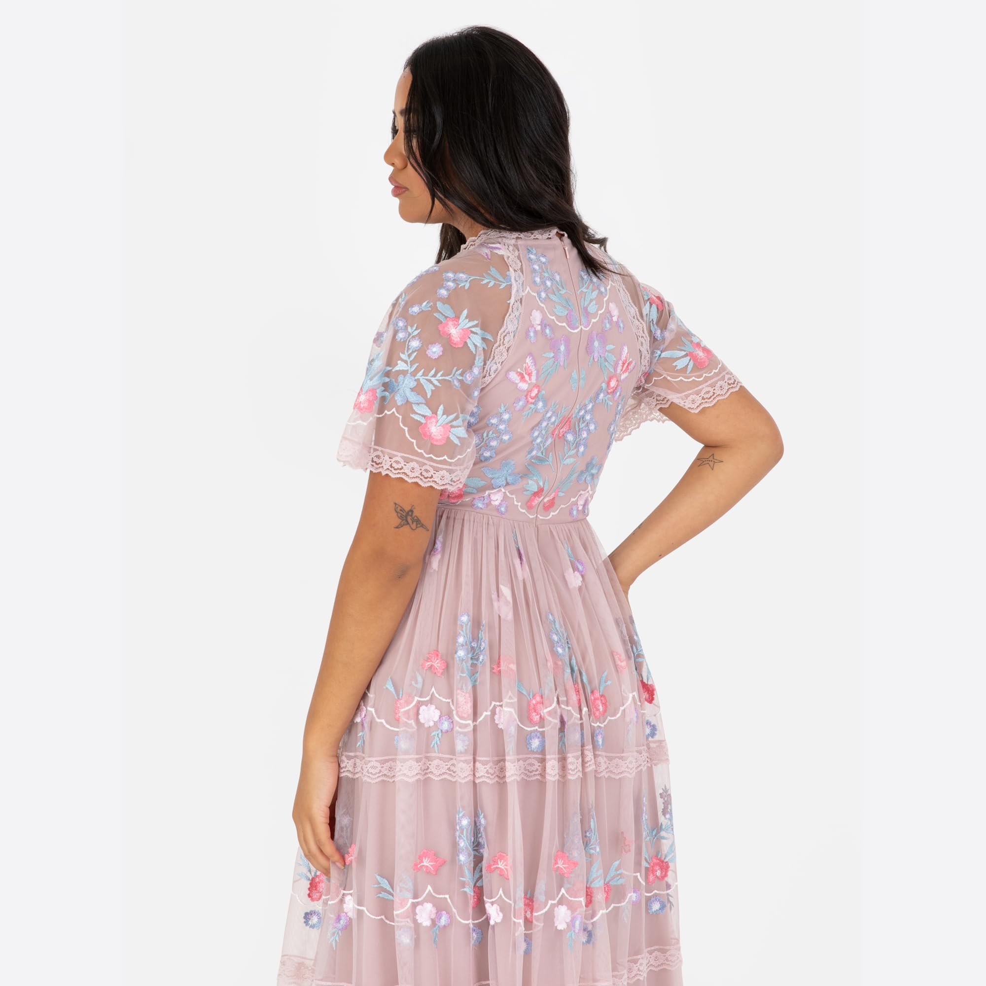 Maya Deluxe Women's Ladies Maxi Dress Short Sleeve Round Neck Floral Embroidered Tulle Lace Trim A-Line Wedding Guest Prom Ball Gown Vestito Donna