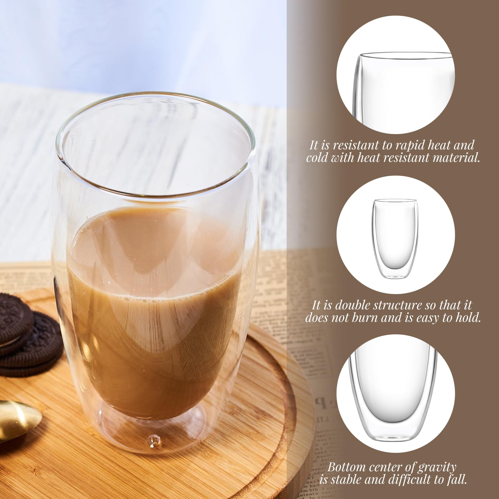 4x450ml Double Walled Glass Mugs, Heat Resistant Coffee Cup, Reusable Latte Glasses Cappuccino Cups Tea Cup - Image 3