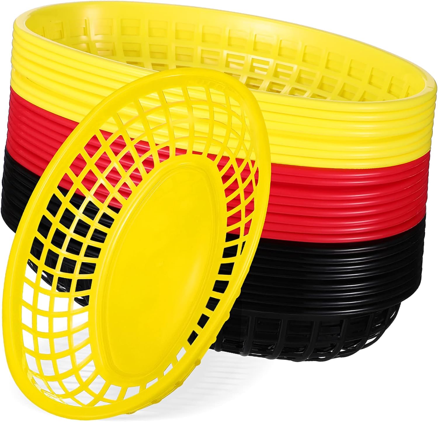 Cabilock 24pcs Bread Basket Lid Hot Dogs Trays Burger Trays French Fries Snack Serving Baskets Food Serving Black Red Yellow