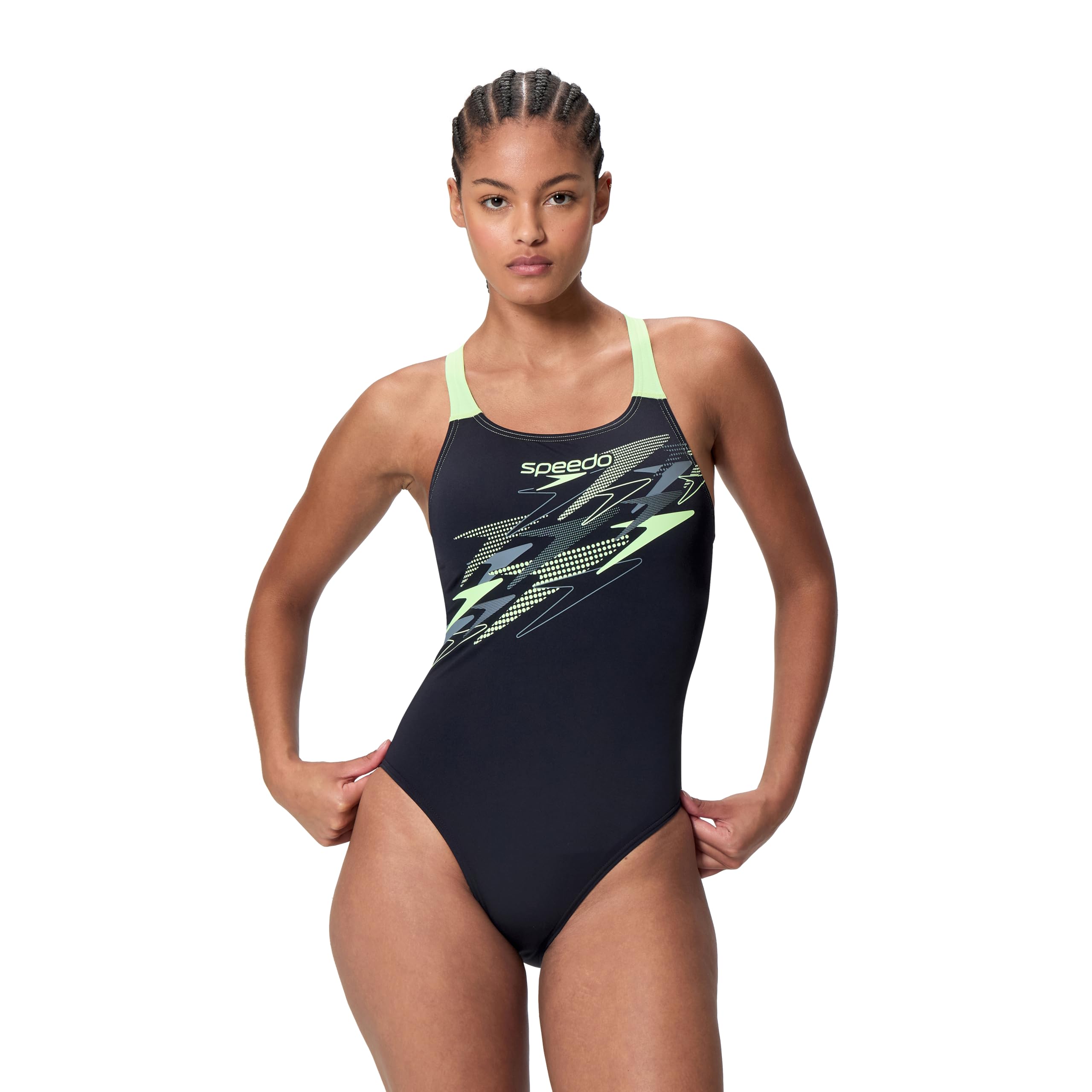 Speedo Womens Medley Logo Medalist Swimsuit Swimming Costume Anthracite/Pale Clover Size 34" Approx UK 10