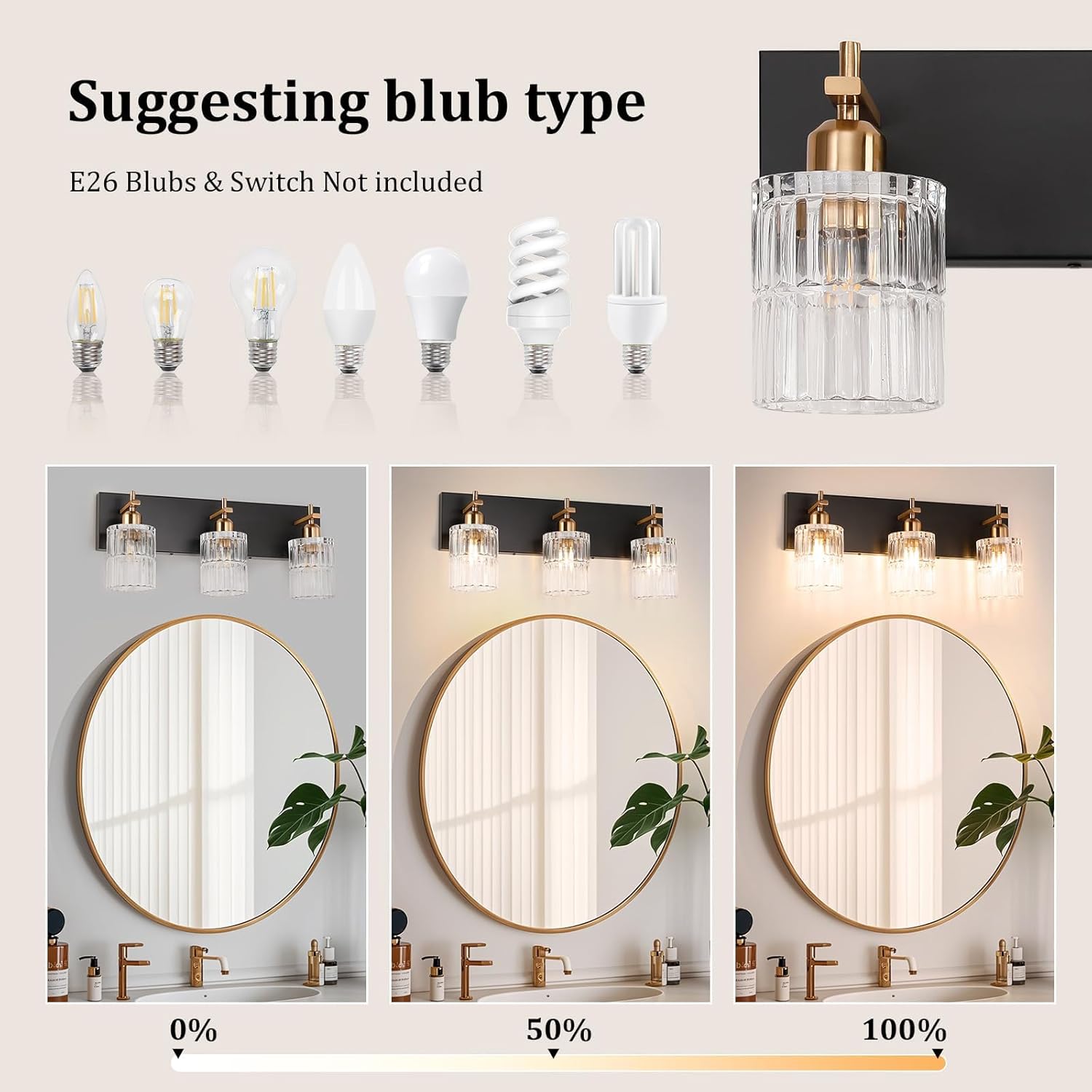 OCIOC Bathroom Vanity Light, 3-Light Black and Gold Vanity Lights over mirror, E26 Wall sconces with glass shape, Farmhouse Lighting fixture for bedroom, living room, hallway