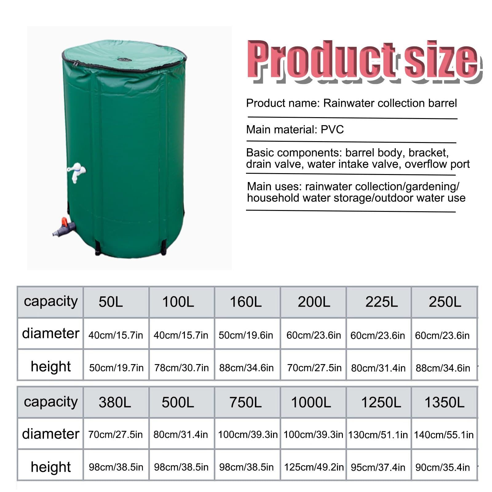 Barril de recolección de agua de lluvia de 1250 L, tanque de almacenamiento de agua plegable para jardinería e riego ecológicos, solución duradera de recolección de agua