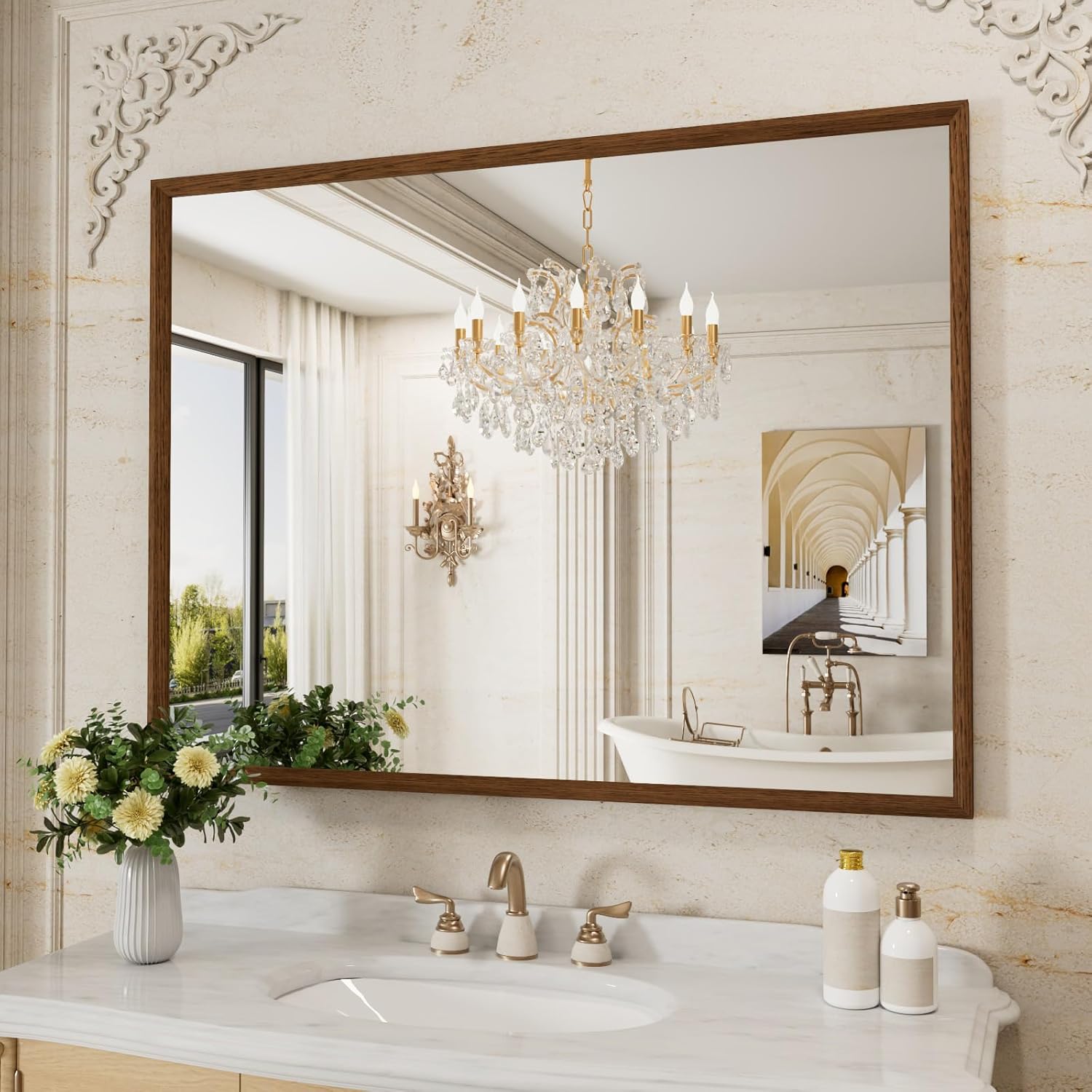 WEER Bathroom Mirror, 48x36 Inch Wall Mirror, Walnut Wood Grain Framed Mirror, Rectangle Vanity Mirror, Tempered Glass, Anti-Rust, Hangs Horizontally or Vertically Walnut 48"L x 36"W