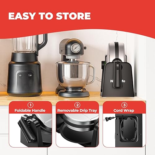 Miniatura 8 de Máquina de gofres belga giratoria, plancha para gofres abatible de 180, placa antiadherente, control de tostado ajustable, mango plegable al tacto,