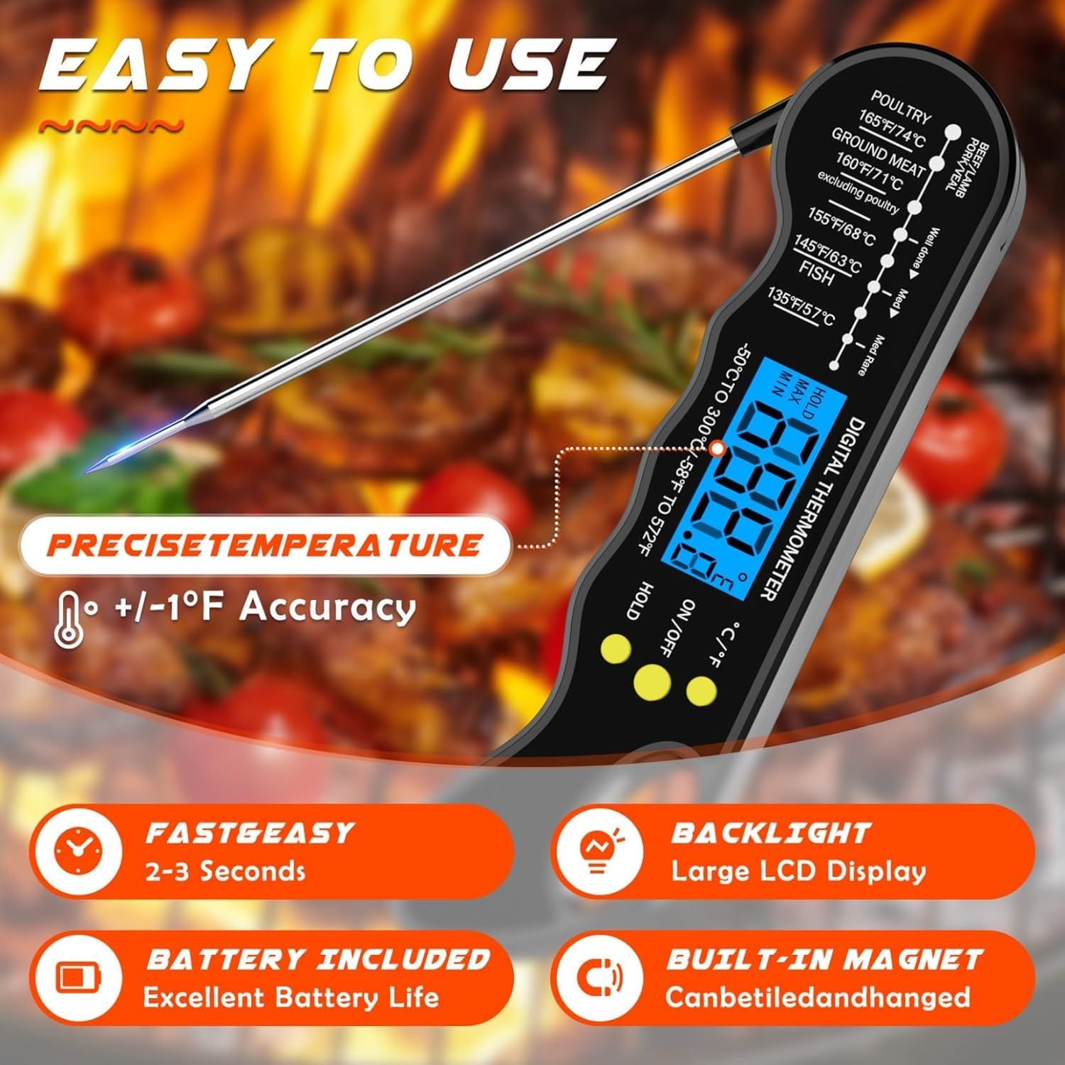 TRAUSI Termometro per carne a lettura istantanea, termometro digitale per alimenti veloce e accurato, con retroilluminazione, impermeabile e magnetico, per grigliare, cucinare, barbecue, affumicare