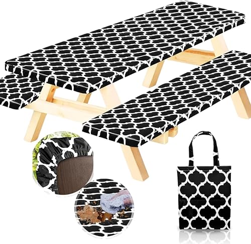 Miniatura 9 de RNOONY Mantel de vinilo ajustable para mesa de picnic con fundas de banco y bolsa, mantel de picnic impermeable para exteriores de 8 pies con bordes
