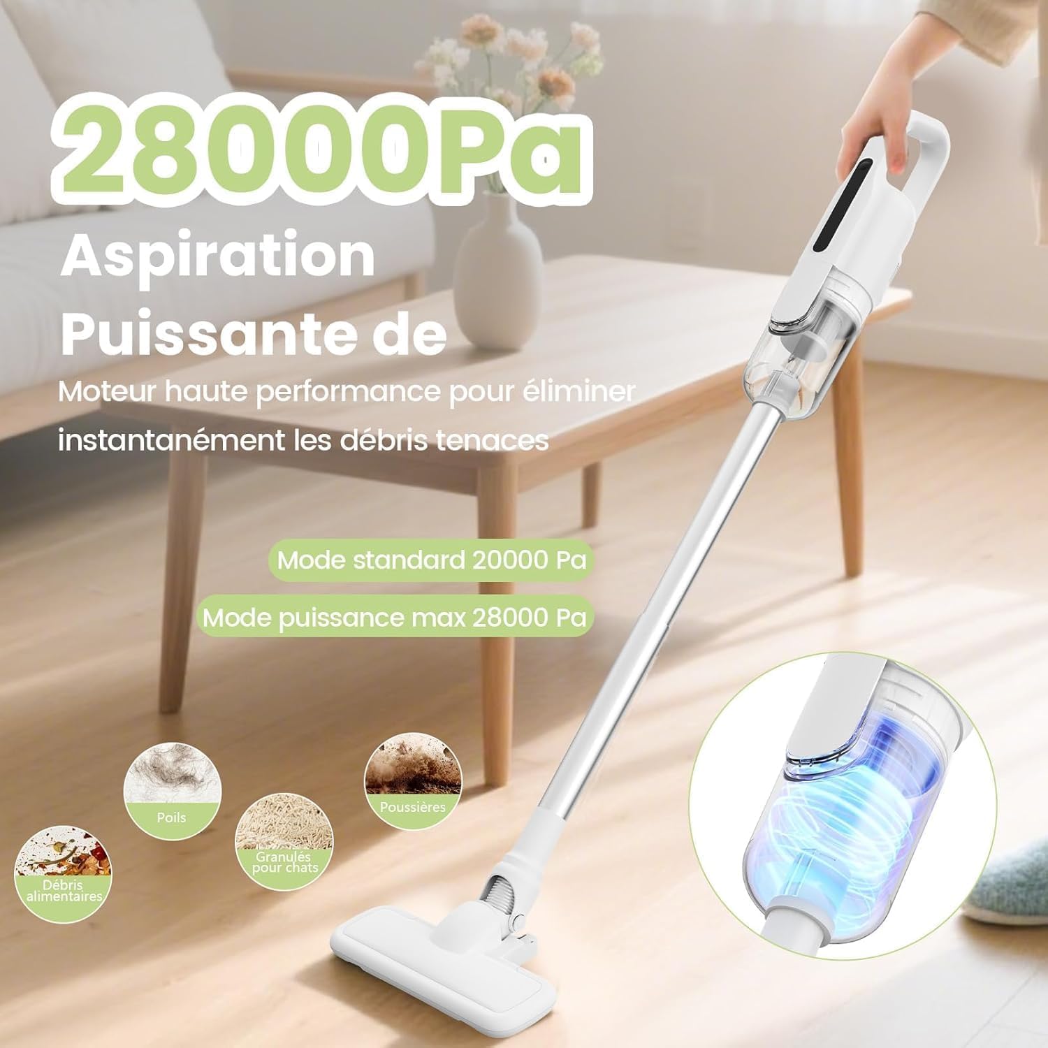 Suirviz U5PRO Aspirateur Balai sans Fil, 28Kpa et 35 Min, 3 en 1 Aspirateur sans Fil avec Système Centrifuge Cyclonique, pour Les Poils d’Animaux, Adapté Aux Sols, Canapé et Voiture (Blanc)