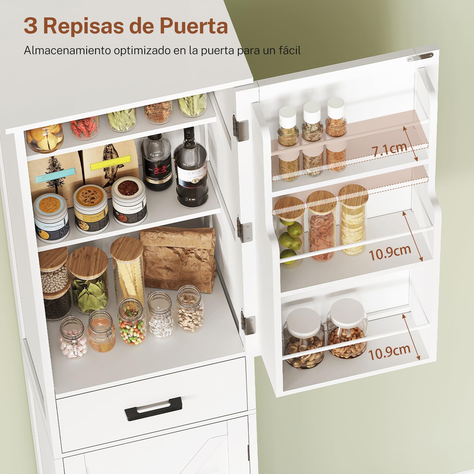 TEENFON Alacena de Cocina Alta y Despensa, Armario Multiusos con 2 Puertas, 1 Cajón y Estantes Ajustables, Aparador y Mueble de Baño para Cocina, Salón, Baño, 170 x 40 x 30 cm, Blanco