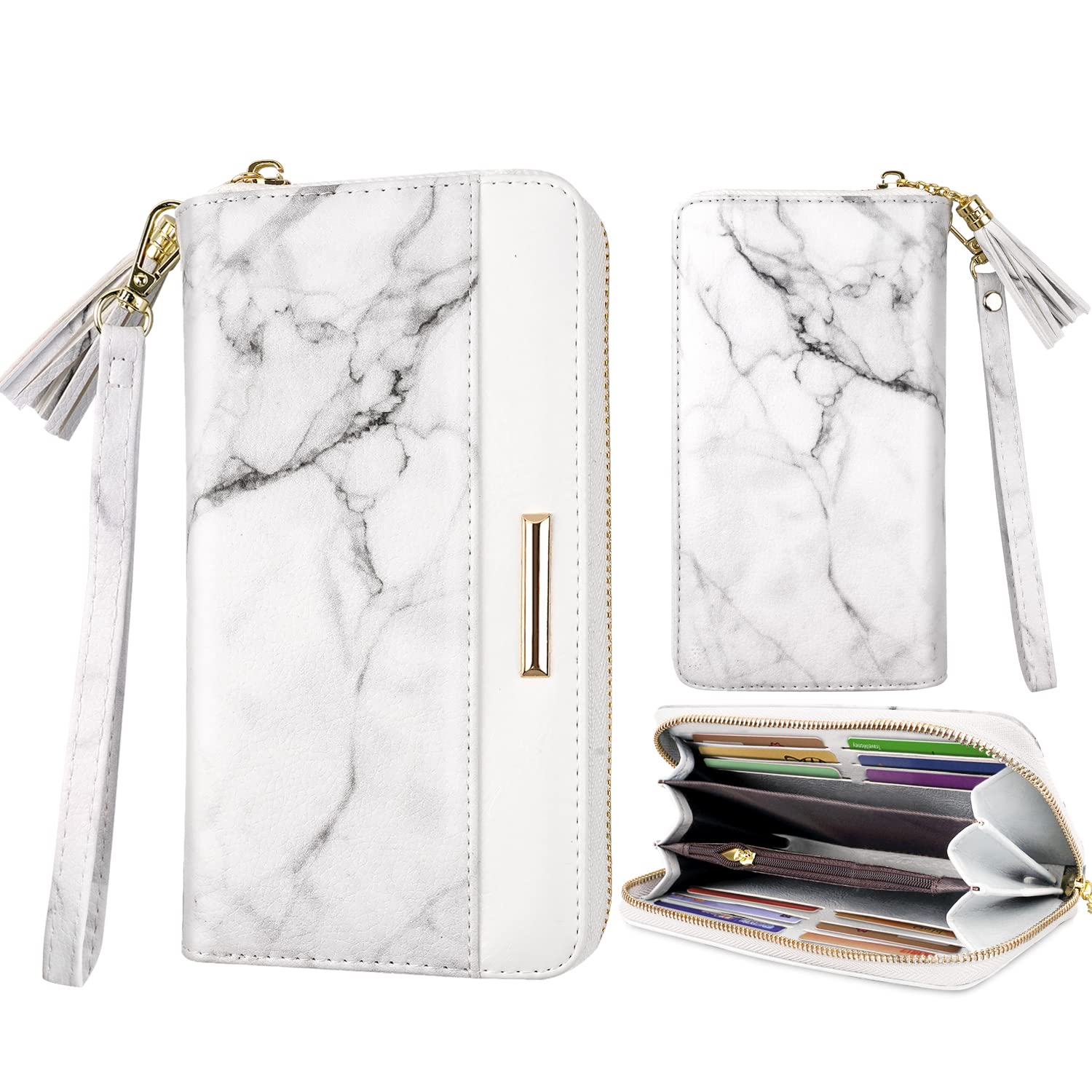 Coco Rossi Women Wallets Multi Card Case Wallet Clutch Wallet Card Holder Organizer Ladies Purse Tassel Wrist strap Purse,White Marble
