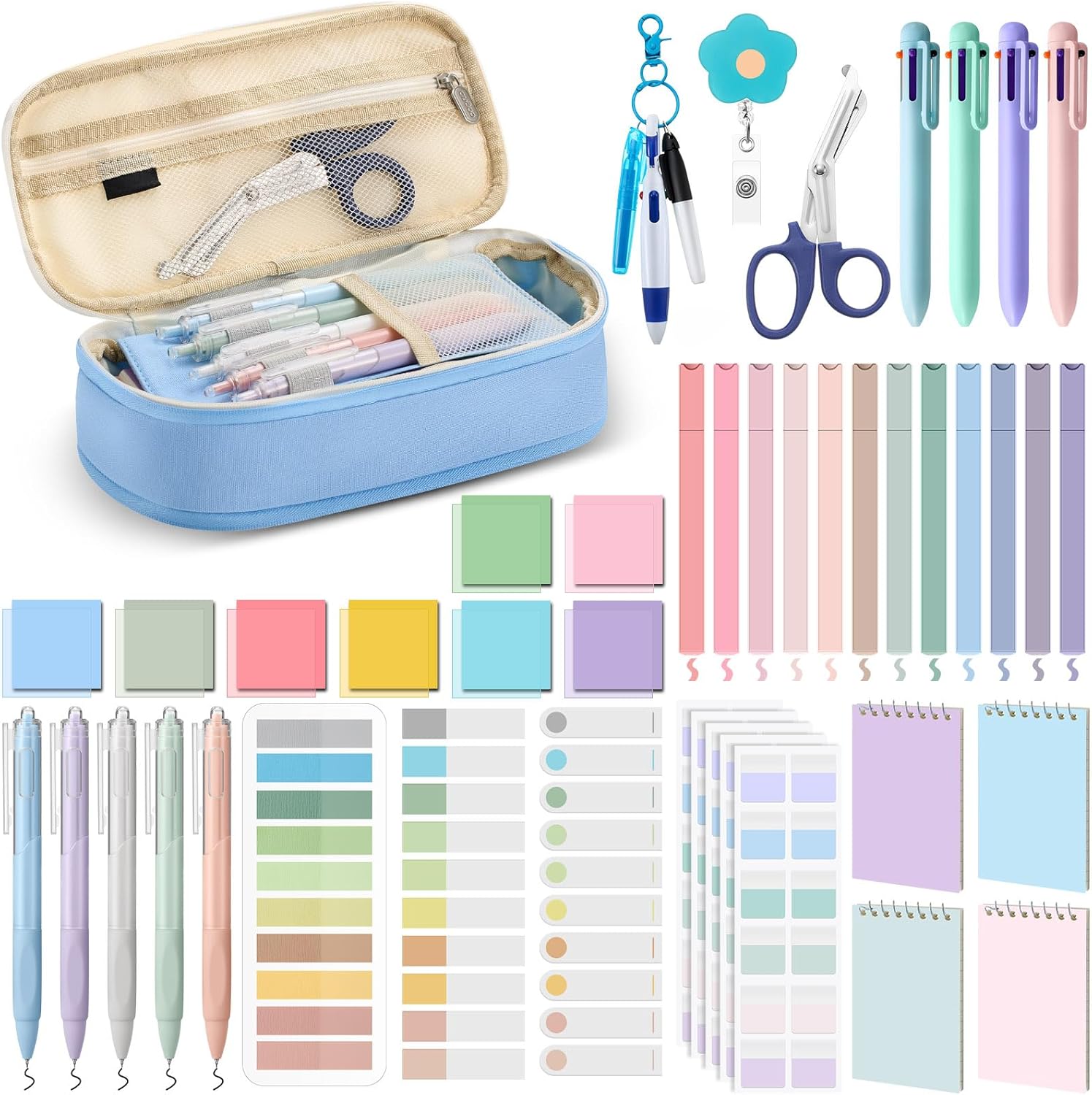 Jutom 50 Pcs Nursing School Cna Essentials for Students Work Aesthetic Stationery Gift Include Medical Scissors Badge Reel Transparent Sticky Notes Pens Notebook Pencil Case Highlighter Label(Blue)