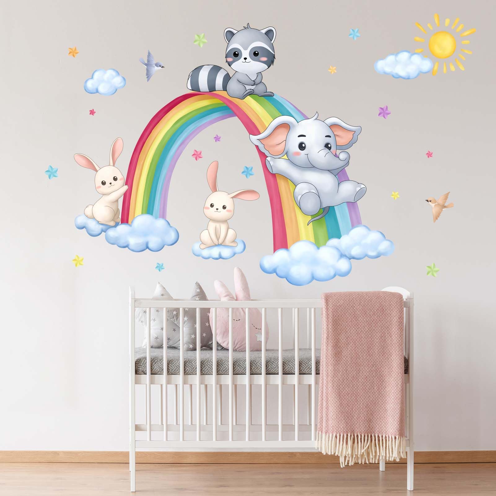 PinkEleph Rainbow Animal Wall Stickers, Elephant Rabbit Raccoon Wall Decals - Image 3