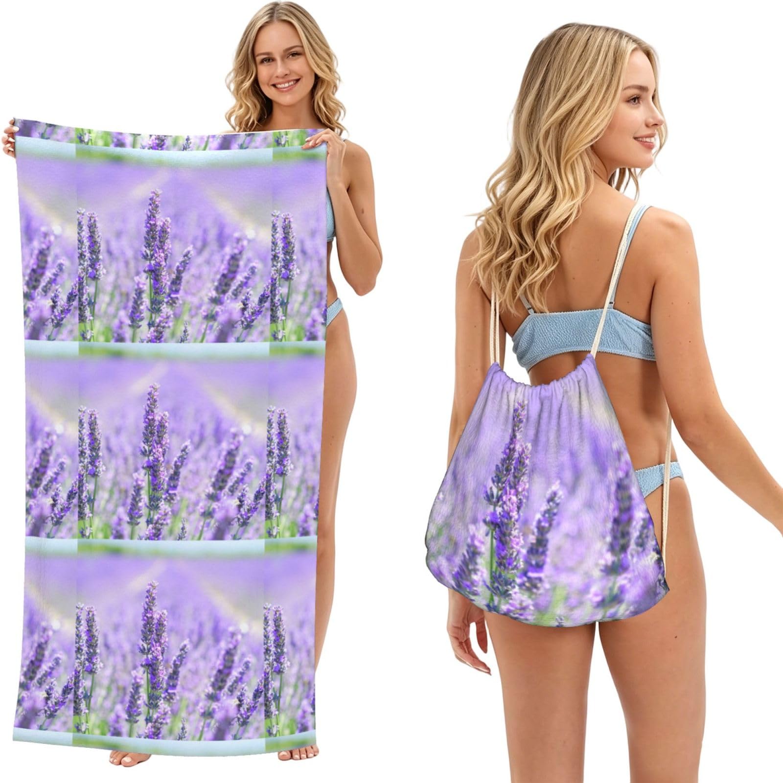 Poadnly As Picture Purple Lavender, 2 In 1 Packable Towel Bag, Beach Towels With Drawstring Backpack For Travel Holiday Camping