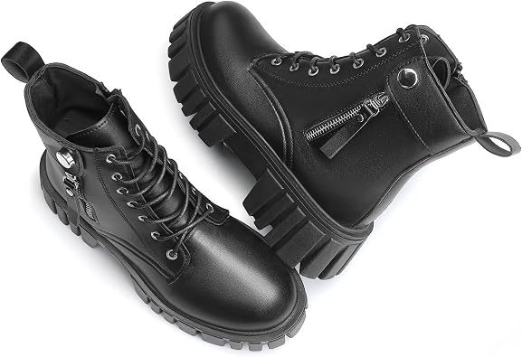 SANNAX Womens Boots Ankle Boots Ladies Classic Lace-up Chunky Boots Side Zipper Flatform Casual Boot Shoes