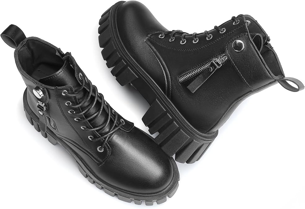 SANNAX Womens Boots Ankle Boots Ladies Classic Lace-up Chunky Boots Side Zipper Flatform Casual Boot Shoes