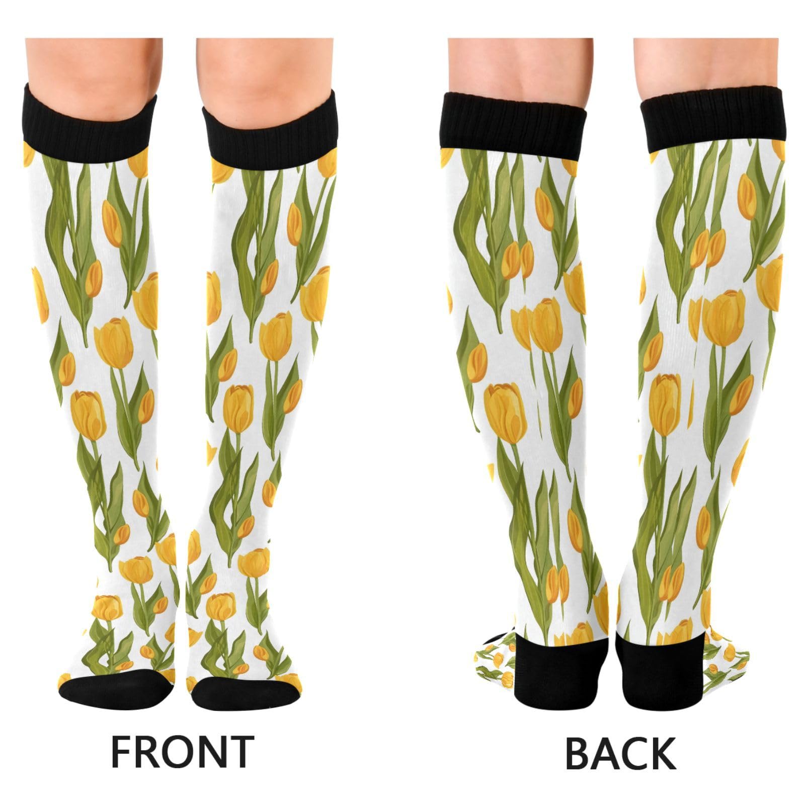 MFTJYO Tulip Flower Yellow Floral Women's Compression Socks for Women Men Knee High Socks Long Circulation for Athletic Running