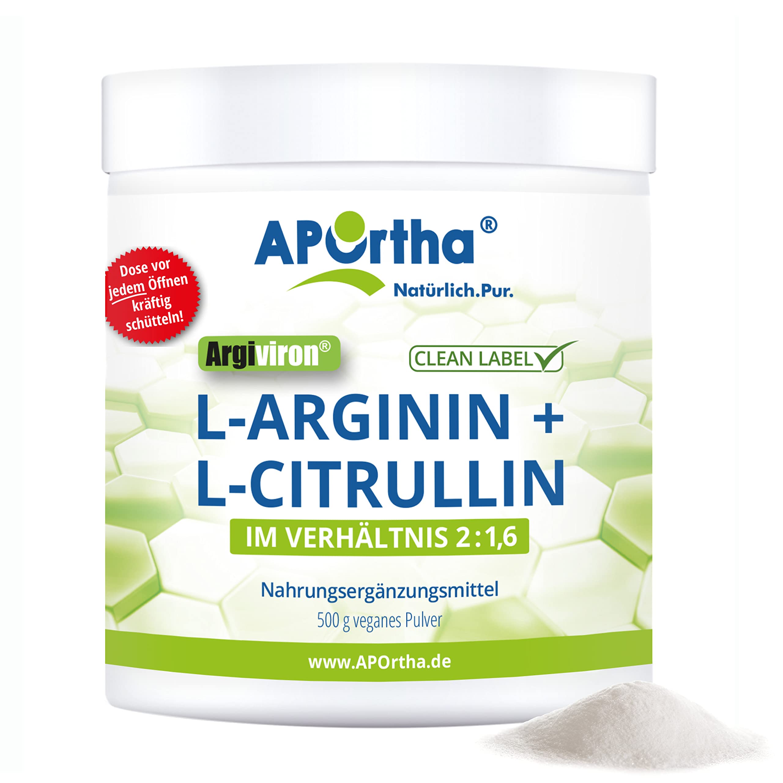 APOrtha® ARGIVIRON® L-Arginin + L-Citrullin 500 g veganes Pulver, Hochdosiert im Verhältnis von 2 zu 1,6 von L-Arginin zu L-Citrullin, allergenfrei, laktosefrei & glutenfrei