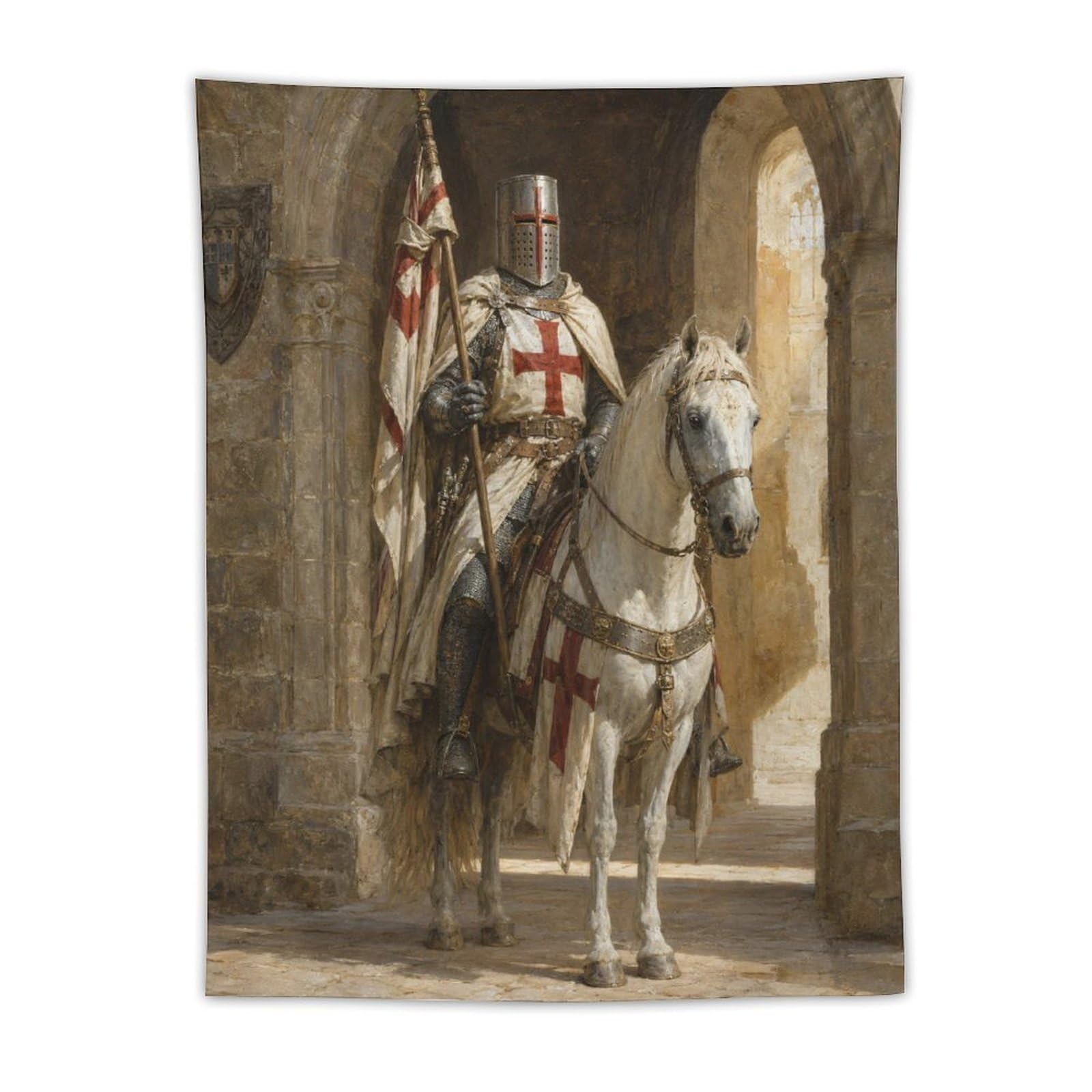 H3B8U2Y5 Crusader Knight Wall Tapestry, Renaissance Art Style, Golden Sky