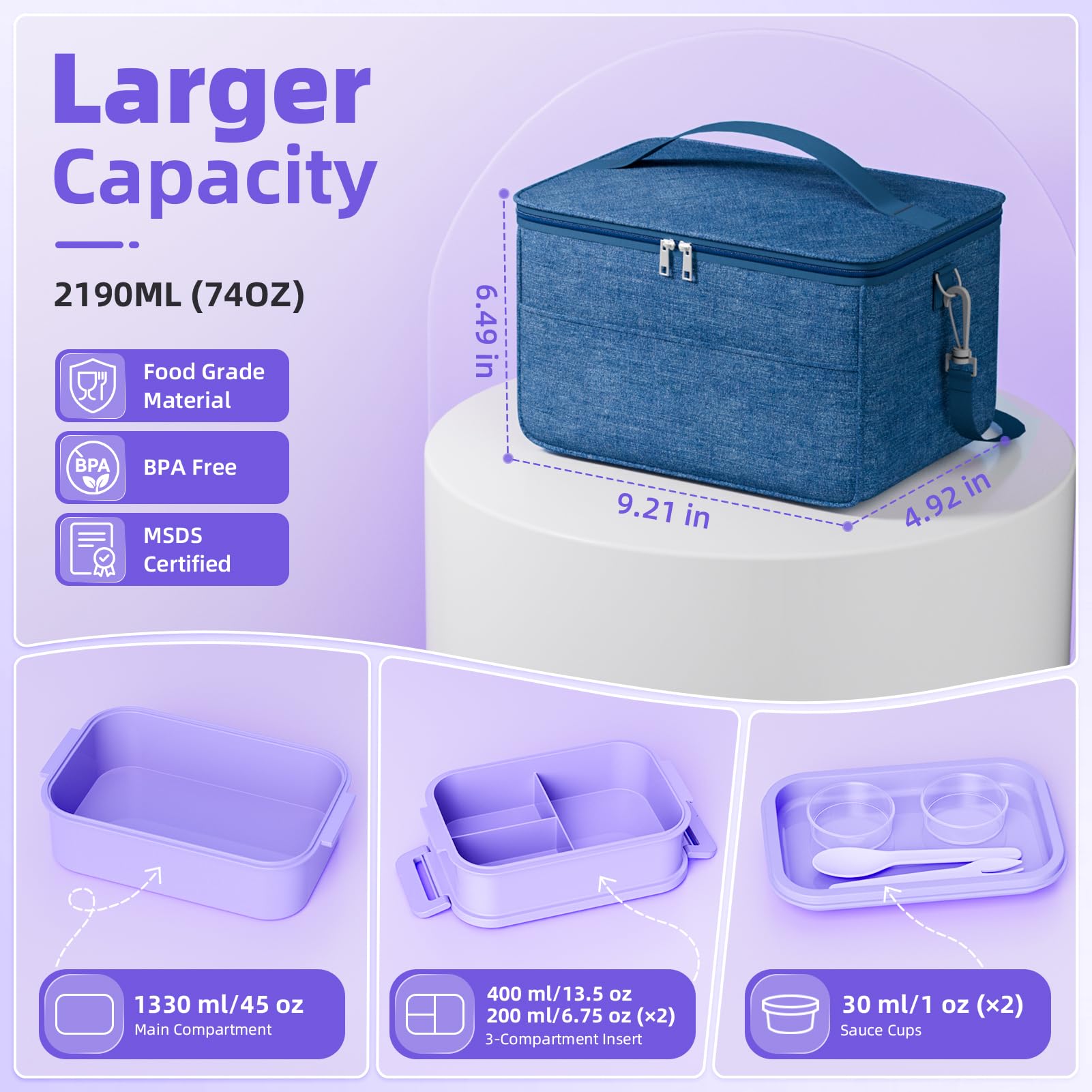 Boîte à bento pour adultes avec sac à déjeuner pour femmes – Boîte à déjeuner empilable tout-en-un pour adultes et enfants – Grande boîte à déjeuner Bento étanche avec fourchette, cuillère, boîte à