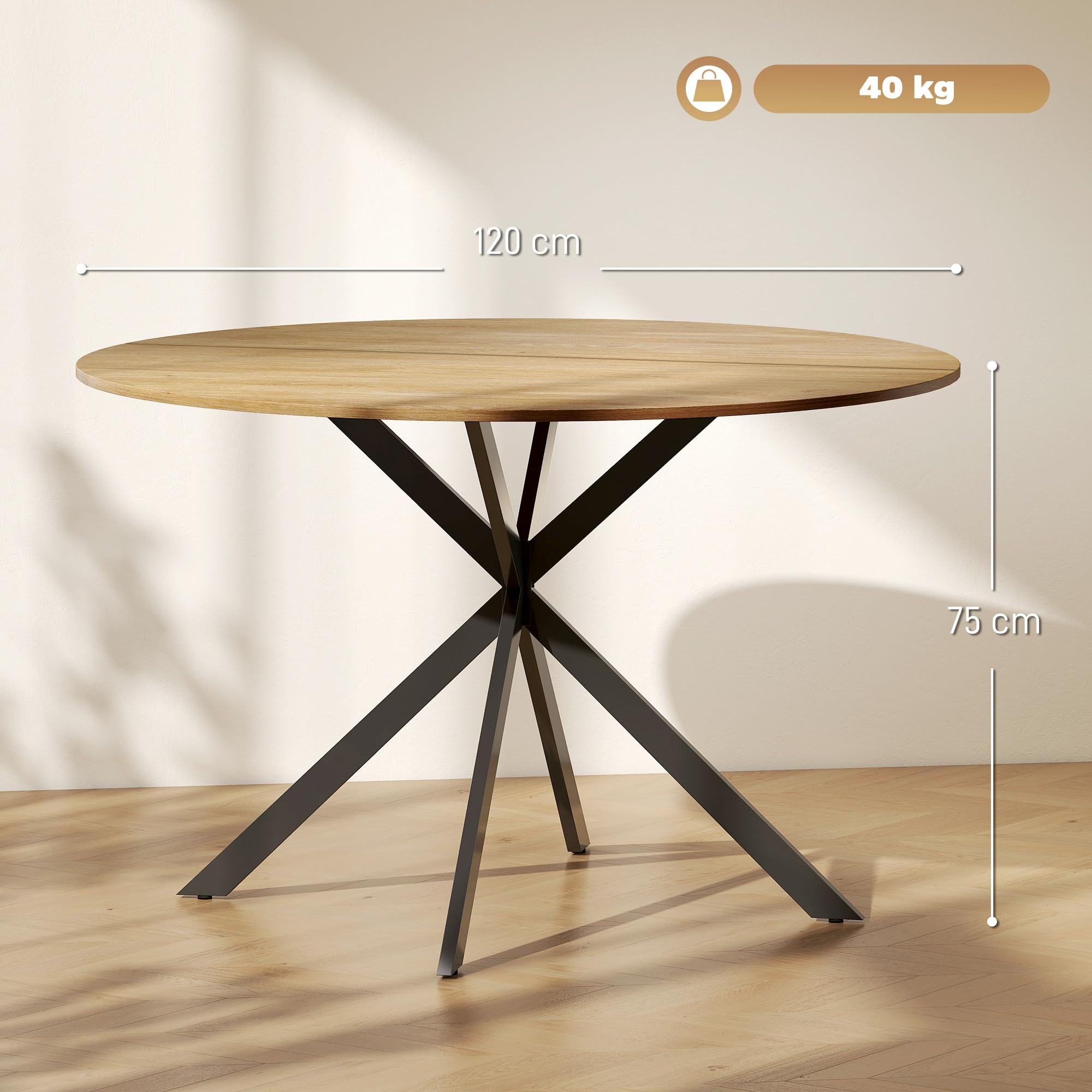 HOMCOM Table à Manger Ronde pour 4 Personnes Table de Cuisine 120 cm Style Industriel avec Plateau Aspect Bois et piètement croisé en Acier, chêne