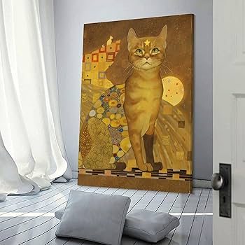 Amazon.co.jp: グスタフクリムト猫キャンバス絵画黄色のレトロな