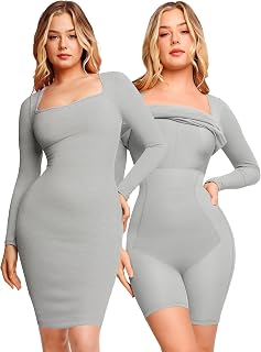 Dress Long Sleeve Midi Bodycon Dresses for Women Square Neck Shapewear Tummy Control Built-in Bra Party