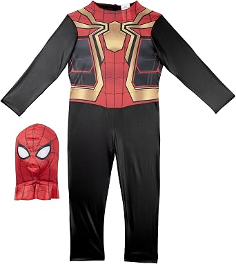 Marvel Integrated Spider-Man Official Youth Halloween Costume - Premium Quality Printed Jumpsuit with Pull On Fabric Mask