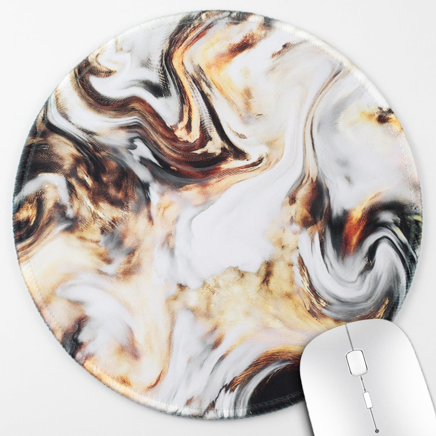 Marble Print Round Mouse Pad with Stitched Edges, 7.9" Diameter & 0.12" Thick, Anti-Slip Portable Circular Mat for Desk, Retro Paintbrush Colors in Marbling Gold/Black/Gray Watercolor Art