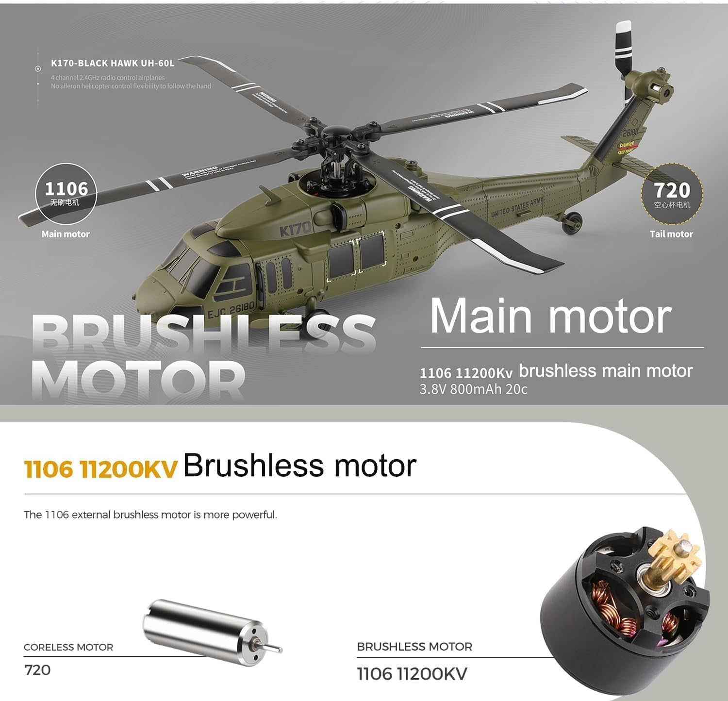 NULA K170 UH60L RC Hubschrauber für Erwachsene, 2,4G 4CH 6-Achsen-Gyro Ferngesteuerter Helikopter Militärflugzeug Bürstenloser Motor Höhenschwebeflug – RTF / 3 Akku