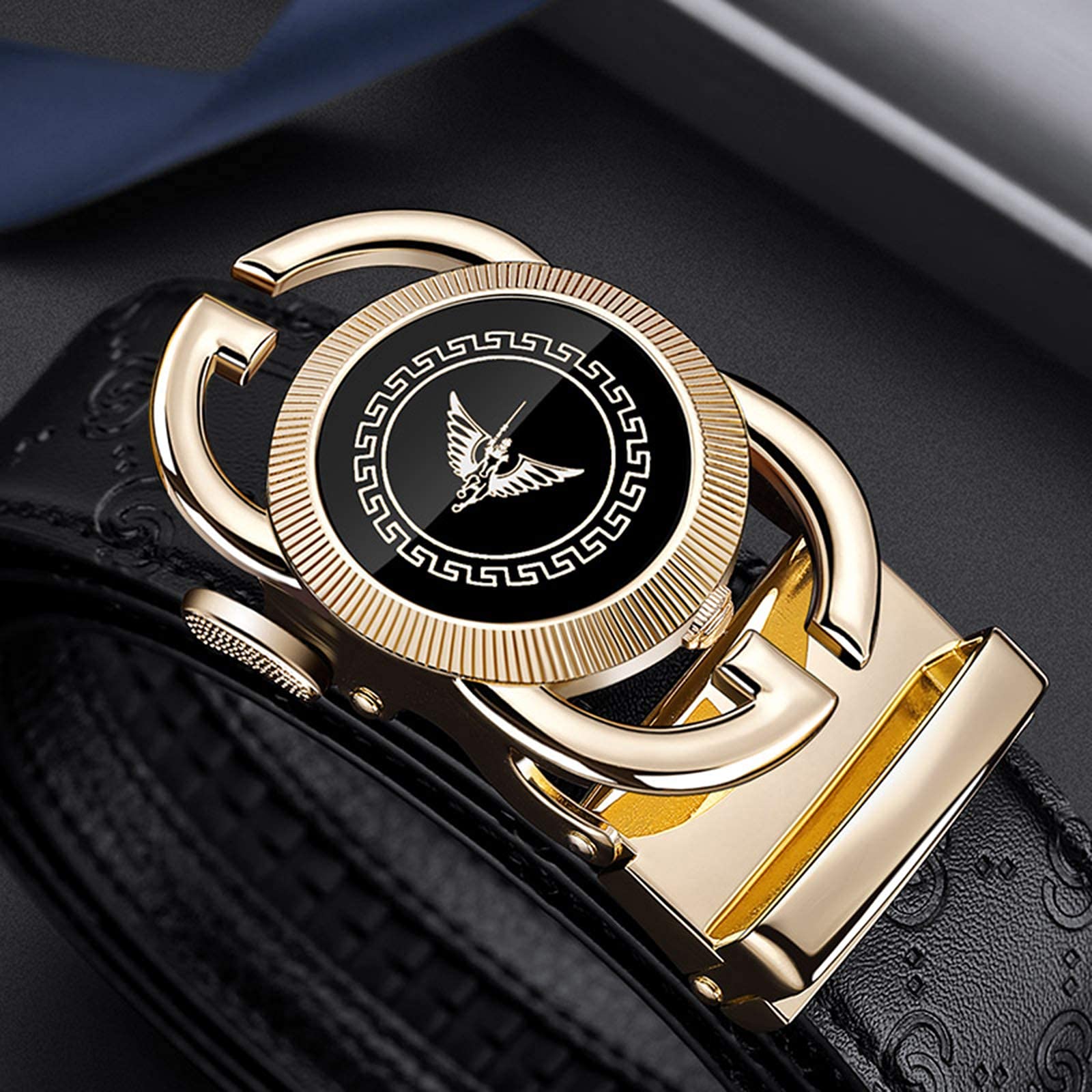 Cinturones de trinquete de cuero para hombre, hebilla automática con caja de cinturón, regalo para hombres, dorado (02-Gold) 3